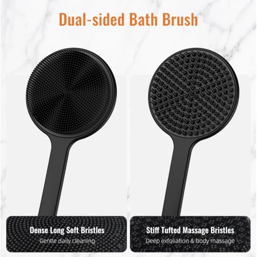 Silicone Back Scrubber for Shower, 17in Lengthen Long Handle Body Brush, Double Sided Shower Brush for Shower Exfoliating and Massage Can Produce Rich Foam, Long Handle Back Scrubber for Men - color: Black