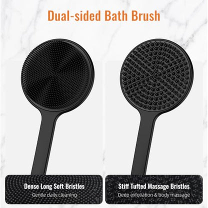 Silicone Back Scrubber for Shower, 17in Lengthen Long Handle Body Brush, Double Sided Shower Brush for Shower Exfoliating and Massage Can Produce Rich Foam, Long Handle Back Scrubber for Men - color: Black