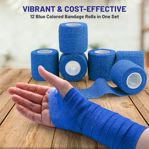 Self-Adherent Cohesive Bandage - Blue Medical Wrap - 12 Rolls 2" Wide x 5 Yards Sports Tape for Medical Use, Sports, First Aid and Helps Protect Skin