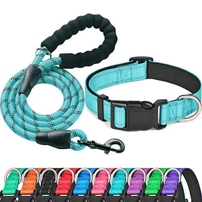 Ladoogo Reflective Dog Collar Padded with Soft Neoprene Breathable Adjustable Nylon Dog Collars for Small Medium Large Dogs (X-Small (Pack of 1), Turquoise Collar+Leash) - color: Turquoise, size: X-Small