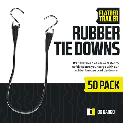 DC Cargo (Pack of 50) Tarp Straps for Flatbed Trailers, 21" Long Natural Rubber Bungee Cord Tie-Downs Ideal for Securing Tarps, Canvases, Cargo in Cold Climates | Tie-Downs w/Metal S-Hooks - size: 50