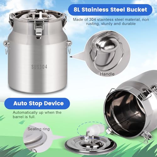 8L Cow/Goat Two-in-One Rechargeable Electric Milker, Goat Milker Machine, Cow Milking Machine, The Latest Pulsation Vacuum Pump with Pressure Gauge, 304 Stainless Steel Bucket (Rechargeable)