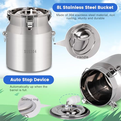 8L Cow/Goat Two-in-One Rechargeable Electric Milker, Goat Milker Machine, Cow Milking Machine, The Latest Pulsation Vacuum Pump with Pressure Gauge, 304 Stainless Steel Bucket (Rechargeable)