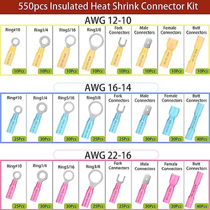 550Pcs Electrical Waterproof Heat Shrink Wire Connector Terminal Kit - size: 550pcs-Assortment