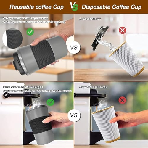 Insulated Travel Coffee Mug, Stainless Steel Coffee Cup with Leakproof Lid - color: Gray, size: 12 Ounces