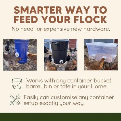 Poultry Pro Feeder DIY Port PVC Gravity Fed Chicken Feeder 4 Ports and Hole Saw | Use for Buckets, Barrels, Bins, Troughs | Rain Proof, Weather Resistant, No Waste Chicken Feeders - style: Original Feeder 4 Pack