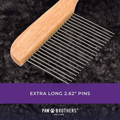 Ryan's Pet Supplies Paw Brothers Poodle Comb Brush for Dogs, Professional Grade, Wooden Ergonomic Handle, Stainless Steel Teeth, Dematting Comb for Dogs, Extra Long Teeth