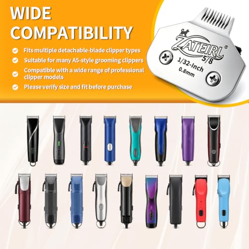 Size 5/8 Detachable Pet Grooming Clipper Blade with Steel Cutter, 1/32 Inch 0.8mm Cut Length, Silver, Compatible with Andis, Oster A5, Wahl KM10, 1 Pack - color: Silver, size: 5/8# 0.8mm