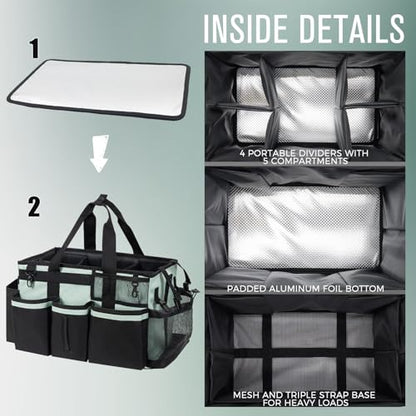 SCAVATA Wearable Cleaning Caddy, Cleaning Caddy Supplies Organizer with Handle & Shoulder Straps for Housekeepers, Under Sink & Car Cleaning Tool Organizers Bag with 4 Foldable Divider (Celadon) - color: Celadon