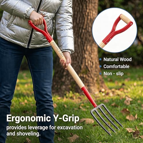 Pitch Fork Pitchfork,4-Tine 45Inch Wood Y-Grip Garden Spading Fork | Heavy duty steel fork,wide anti-clog tines,hardwood Y grip for clay soil, compost, mulch and vegetable gardening.