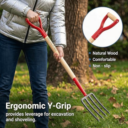 Pitch Fork Pitchfork,4-Tine 45Inch Wood Y-Grip Garden Spading Fork | Heavy duty steel fork,wide anti-clog tines,hardwood Y grip for clay soil, compost, mulch and vegetable gardening.