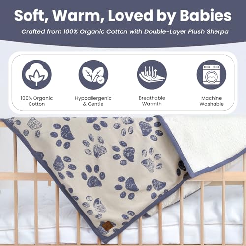 Small Pet Blanket - 100% Organic Cotton, Double Layer Plush Sherpa, Soft Plush, Blue Paw Jacquard Knit, 30"x40", Small Dog Blanket, Ideal Cat Blanket - Soft and Warm - color: Blue