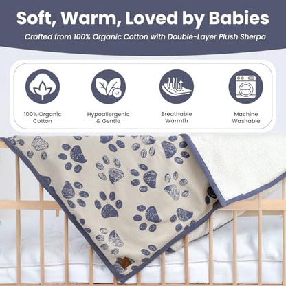 Small Pet Blanket - 100% Organic Cotton, Double Layer Plush Sherpa, Soft Plush, Blue Paw Jacquard Knit, 30"x40", Small Dog Blanket, Ideal Cat Blanket - Soft and Warm - color: Blue