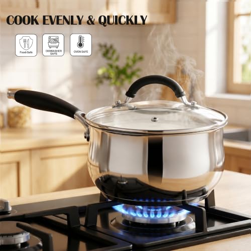 E-far 3 Quart Saucepan, Tri-Ply Base Stainless Steel Sauce Pot with Lid - size: 3 Quart