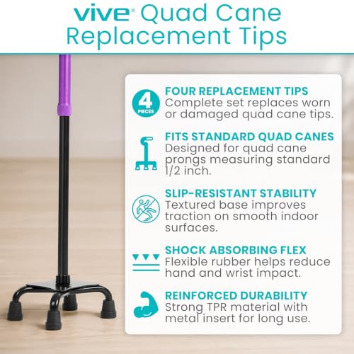 Vive Quad Cane Tips - Heavy Duty 1/2 inch Replacement Rubber Foot - Black | Attachment Base Grip - Accessories for Walking and Standing Stick - Durable End for Women, Men, Seniors, Elderly - style: 1/2 inch (4 Pack)