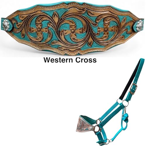 Majestic Ally Western Horse Bronc Halter, Turquoise Padded Leather Noseband, Antique Finish, Tooled Floral Design, Adjustable Nylon - style: Western Cross