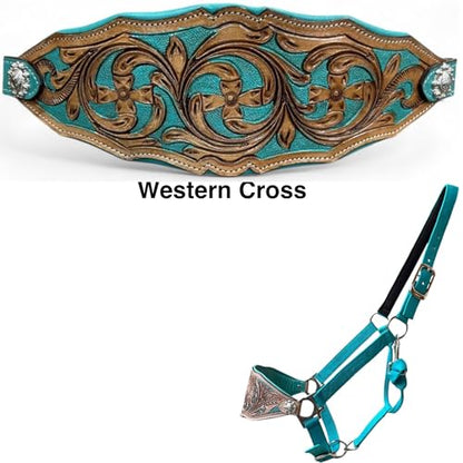 Majestic Ally Western Horse Bronc Halter, Turquoise Padded Leather Noseband, Antique Finish, Tooled Floral Design, Adjustable Nylon - style: Western Cross