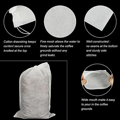 HRX Package 50pcs Disposable Cold Brew Bags 8x12 in for Home Coffee Brewing | Fine Mesh Contains Grounds, Less Mess, Secure Drawstrings, Fits 1 or 2 Gallon Jars, for Coffee, Tea, Soups, Spices, and Herbs - size: 8x12 inch