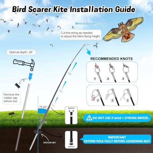 Bird Scarer Kite with 13ft Pole Bird Hawk Flying Kite-Owl Kite | Deterrents for Farms, Gardens and Docks | Keeps Birds, Geese and Seagulls Away | Covers 2150-5380 sq.ft - color: multicoloured