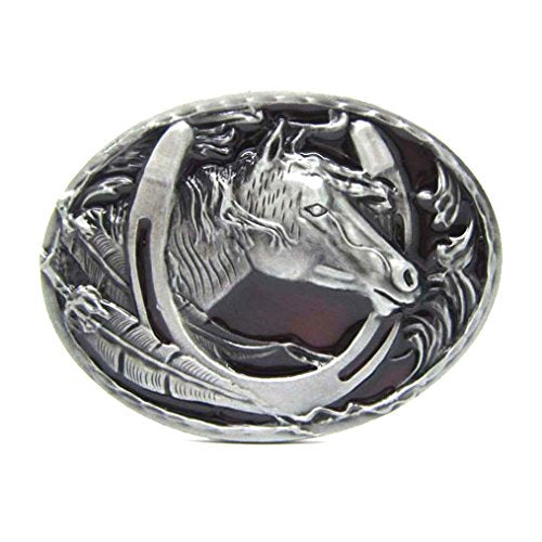 MASOP Engraved Animal Equestrian Horseshoe Horse Head Oval Cowboy Belt Buckle - color: Red