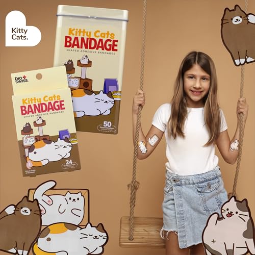 BioSwiss Bandages, Kitty Cats Shaped Self Adhesive Bandage Set, Latex Free, Sterile Wound Care, 24 Count - size: 24-Count Box, style: Kitty Cats