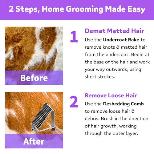 2 in 1 Dogs Cats Dematting Grooming Comb, Perfect Deshedding Undercoat Rake for Poodle & Goldendoodle, Efficiently Detangling Shedding Loose Hair & Matted Fur, All Long Haired Pet (Dark) - color: Dark Walnut