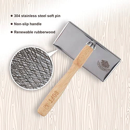 Furzone Wooden Slicker Brush for Dogs (Size L) - Stainless Steel Soft Pin Grooming Brush for Dogs - size: Soft Pin / L