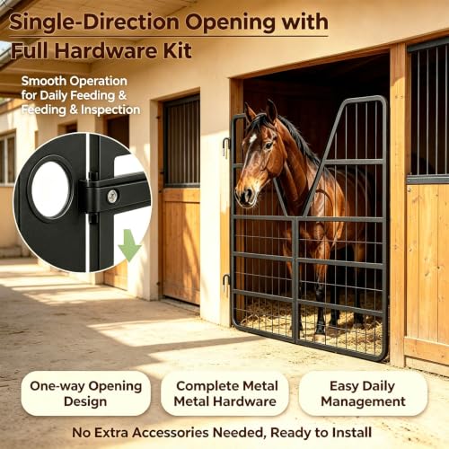 Adjustable Heavy Duty Horse Stall Gate, Horse Stall Door Guards Grille Panel, Sturdy stall Guards for Horses with Thick Steel Frame, Smooth Single Side Opening for Stable Barn Equestrian Daily Use - size: 55"Wx42"H