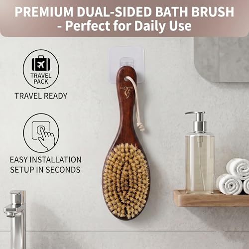 Short-Handle Dual-Sided Bath Massage Brush, Soft Boar & Firm Sisal Bristles, Portable (Red Oak)