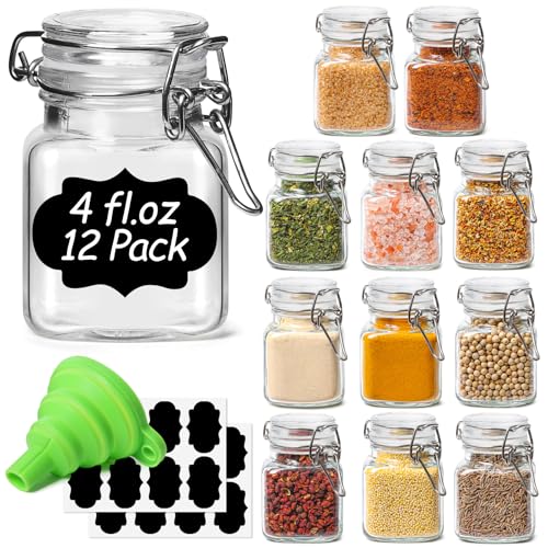 ComSaf Square Glass Spice Jars 4 oz 12 Pack with Labels and Funnel Set - size: 4oz*12