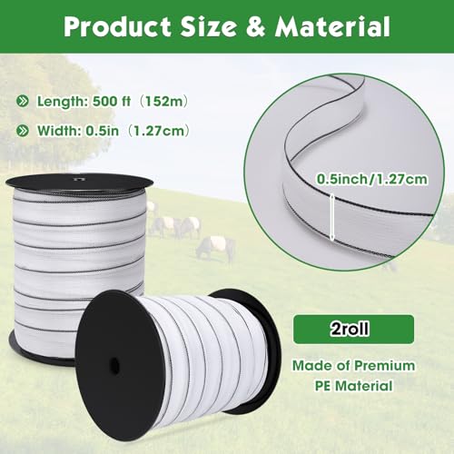 2 Rolls 500 ft x 1/2 Inch Electric Fence Polytape for Horse Livestock Cattle, High Visibility Electric Fencing Tape for Farm Temporary Horse Fence - size: 500ft X 1/2in