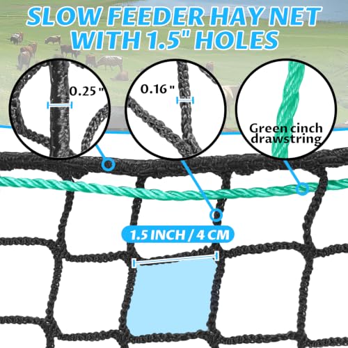 YedsIntu 5x5 ft Round Bale Hay Net for Horses, Slow Feeder Hay Nets with 1.5 inches Holes, Knotless Hay Feeder Bag for Goats Cattle Sheep Livestock - size: 5×5 ft