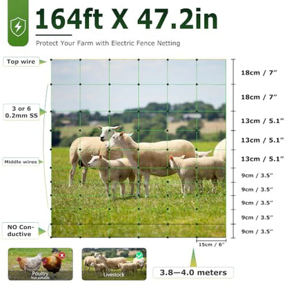 Electric Fence Netting, 164'L x 47.2" H Electric Fence Kit for Livestock, Farms, Backyards, Garden, Assembled Double Spiked Portable Electric Farm Fence - size: 164'L x 47.2" H