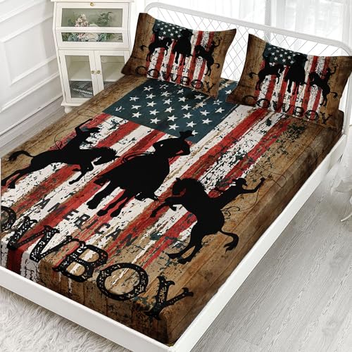 Kids Sheets Set 4Pcs, Queen Size - Cowboys Printed Sheet Set with 1 Flat Sheet, 1 Fitted Sheet + 2 Pillowcases - color: Cowboys, size: Queen 91x102 inches