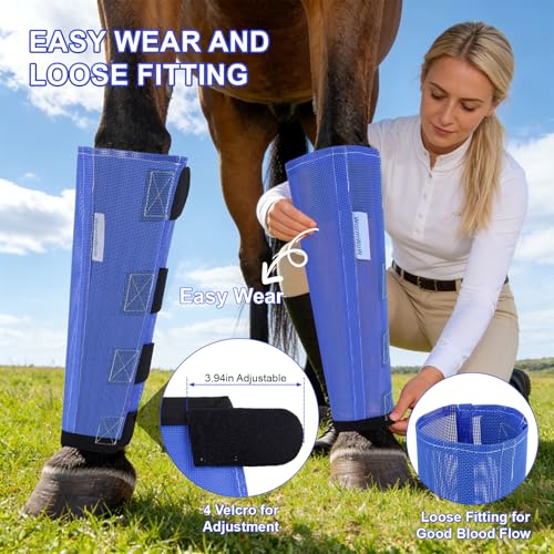 Fly Boots for Horses Set of 4, Loose Fitting Mesh Horse Fly Boots Leggings, Reduce-Stomping Adjustable Equine Leg Wraps & Socks, Stay Up Not Sag, No Rub (Blue) - color: Blue