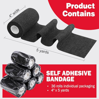 AZEN 36 Pack Self Adhesive Bandage Wrap, 4" X 5 Yards Elastic Cohesive Bandage Wrap, Black Athletic Tape, Tattoo Grip Tape Wrap, Vet Wrap, Ankle Tape - color: Black, size: 4IN - 36Pack