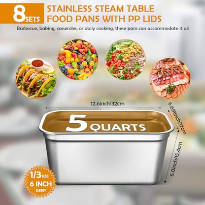 8 Pcs 304 Stainless Steel Food Storage Containers with Lids 1/3 Size Hotel Pan Chicken Food Grade Pans Metal Meal Containers for Restaurant Stackable Kitchen Freezer Buffet(6 Inch Deep) - size: 6 Inch Deep