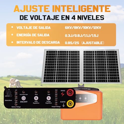 30 Miles/48km Solar Electric Fence Charger,15W Solar Powered Fencer with Adjustable 6KV to 12KV Output (0.3J-1.5J),Battery Level LCD Display,All-Weather Kit for Livestock,Deer,Farm,Yard - color: Orange