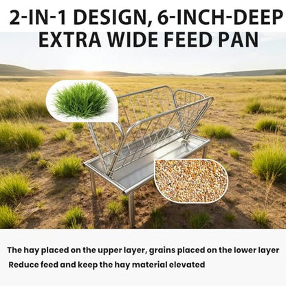 Commercial-Grade Hay Feeder, 2-in-1 Goat Hay Feeder with Deep Feed Pan, Heavy-Duty Galvanized Steel Hay Rack, Weather-Resistant & Scratch-Resistant Horse Hay Feeder for Large Livestock Herds