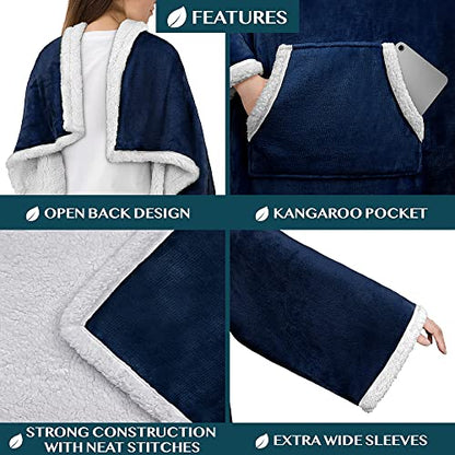 PAVILIA Sherpa Wearable Blanket with Sleeves and Pocket, Plush Thick Cozy Body Blanket Wrap for Adult Women Men, Christmas Gift for Wife Mom, Navy Blue - color: Navy