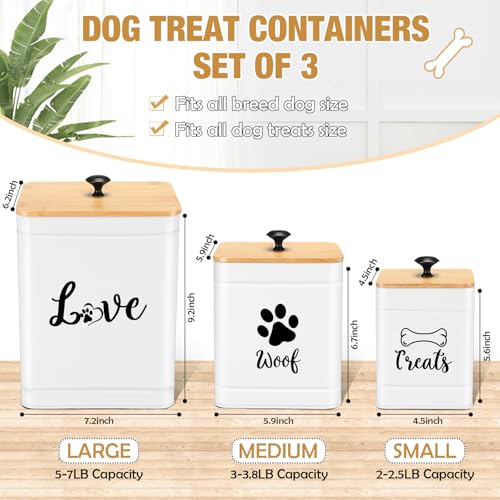Jingmore Metal Dog Treat Containers Set of 3 with Bamboo Lids and Spoon Airtight 7+3+2 lbs Dog Food Snack Jars with DIY Labels Big Pet Cookie Storage Jar for Kitchen Counter(White,Modern) - color: White, style: Modern