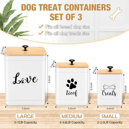 Jingmore Metal Dog Treat Containers Set of 3 with Bamboo Lids and Spoon Airtight 7+3+2 lbs Dog Food Snack Jars with DIY Labels Big Pet Cookie Storage Jar for Kitchen Counter(White,Modern) - color: White, style: Modern