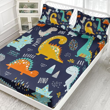 Dinosaur Sheets Set 4Pcs for Kids,Cartoon Animal Printed Sheet Set with 1 Flat Sheet and 1 Fitted Sheet + 2 Pillowcases(Dinosaur Queen) - color: Dinosaur, size: Queen 91x102 inches