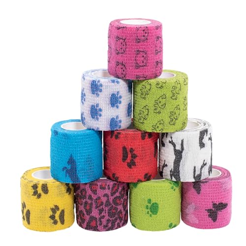 Downtown Pet Supply Cohesive Vet Wrap for Dogs, Self Adhesive Bandages in Bulk, Pet Cat Wound Care, Gauss Bandage for Horses (Variety, Pack of 10)