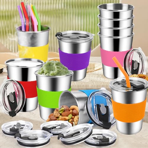 ShineMe Toddler Cups With Straws Spill Proof, 12oz Reusable Stainless Steel Cups with Straws, Lids, and Colorful Silicone Sleeves, Unbreakable Kids Cups for Milk, Water, Snacks...(10pack) - color: brown/purple/rose/blue/red/orange/azure/green/pink/yellow