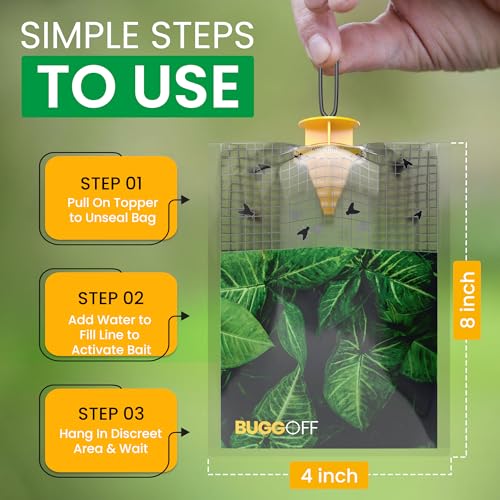 BUGGOFF - 4 Pack Outdoor use only, Disposabe Hanging Fly Traps with Natural Pre-Bait, Catches Flyes everywhere anywhere, Stables, Ranches, Cottages and More. Discrete design, Easy fill and hang setup!