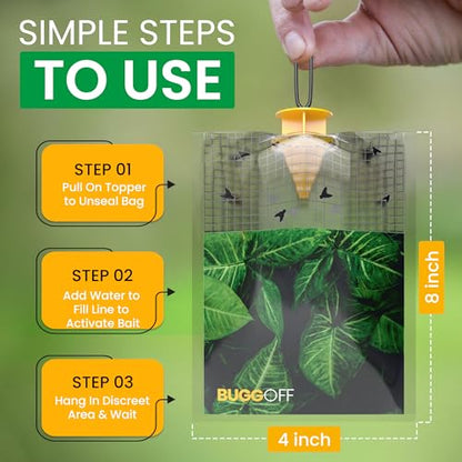 BUGGOFF - 4 Pack Outdoor use only, Disposabe Hanging Fly Traps with Natural Pre-Bait, Catches Flyes everywhere anywhere, Stables, Ranches, Cottages and More. Discrete design, Easy fill and hang setup!