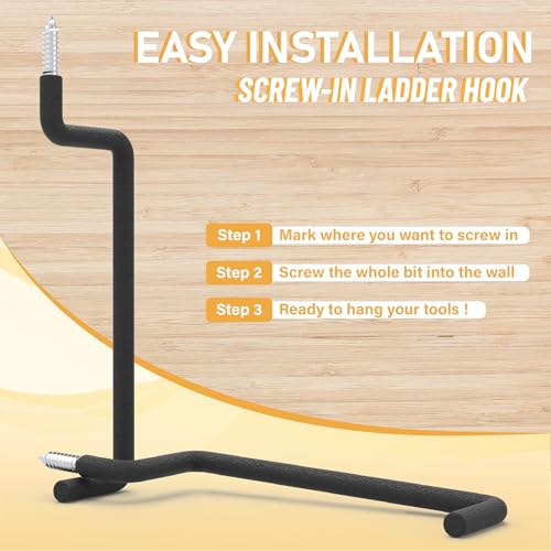 8.46" Screw in Ladder Hooks, 4 Pack Garage Hooks | Black Steel Wall Mount Tool Holders for Bike, Ladder, Folding Chair, Cord, Garden Tools, 65 lb Capacity - size: 8.46'' (Width:2'')