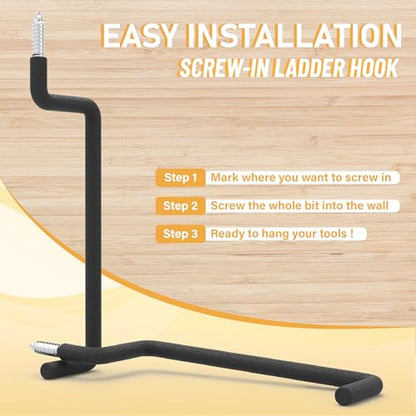 8.46" Screw in Ladder Hooks, 4 Pack Garage Hooks | Black Steel Wall Mount Tool Holders for Bike, Ladder, Folding Chair, Cord, Garden Tools, 65 lb Capacity - size: 8.46'' (Width:2'')