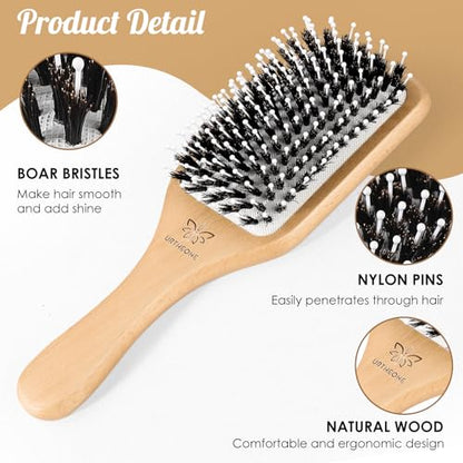 URTHEONE Hair Brush,Boar Bristle Hair Brushes and Styling Comb Set for Women Men Kids, Best Natural Wooden Paddle Hairbrush for Wet or Dry Hair Detangling Smoothing Massaging - color: White